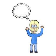 cartoon hippie man waving arms with thought bubble N11