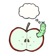 cartoon bug eating apple with thought bubble N22