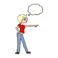 cartoon hip woman pointing with thought bubble N10