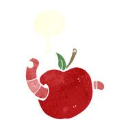 cartoon worm in apple with speech bubble N7