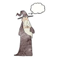 cartoon old wizard with thought bubble N14
