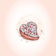 Cake in the shape of heart sketch on pink background