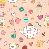 Cute cartoon vintage seamless pattern with teapot cup cupcakes N2