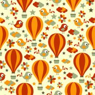 Seamless pattern with birds and hot air balloons