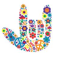 Psychedelic hand sign design with many elements