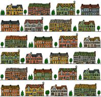 Vector seamless background pattern with colored townhouses