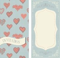 set of invitation cards with doodle hearts on vintage colors