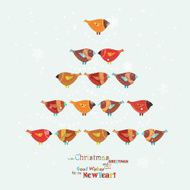 Christmas card with tree of birds in cartoon style