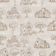 Seamless pattern with many houses and trees