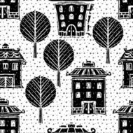 Winter seamless pattern with trees houses snowflakes