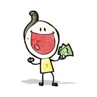 cartoon happy doodle man holding cash