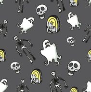 Halloween seamless pattern Skeleton Ghost tombstone skull