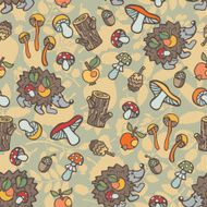 Doodle seamless pattern Hedgehog mushrooms wood N2