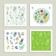 Freehand drawing fruit and vegetables Set of four cards Vector