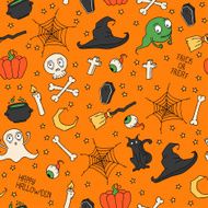 Happy Halloween Seamless pattern with pumpkins skulls Trick or treat N2