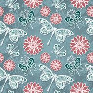 Seamless Ornate Floral Pattern with Dragonflies