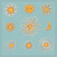Set of doodle moon and different suns