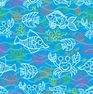 Funny Fish and Colored corals Doodle seamless pattern N2