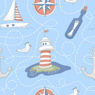 Nautical seamless pattern with a lighthouse