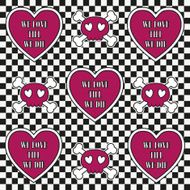 Hearts and skulls on checkered background