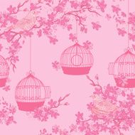 Hand Drawn Cherry Blossoms And Birds Tree Background Pattern