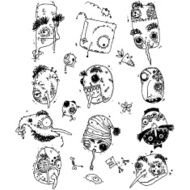 Grotesque faces doodles set