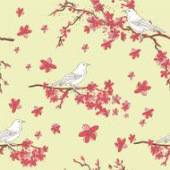 Hand Drawn Cherry Blossoms And Birds Tree Seamless Pattern N2