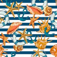 Summer Seamless Pattern with Sea Shells Anchor N2