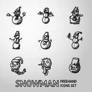 Set of freehand Snowman icons with different shapes hats etc