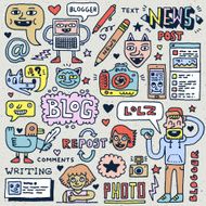 Blogging Activities Funny Doodle Cartoon Set