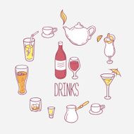 Set of doodles drinks in vector Backgrond with beverages for N2