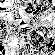 Seamless pattern with aliens and extraterrestrial plants monochrome