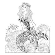 Fantastic mermaid in sea waves with a goldfish and wreath