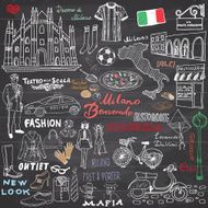 Milan Italy sketch elements Handdrawn set on chalkboard