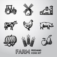 Set of Farm freehand icons - tractor wind mill barn