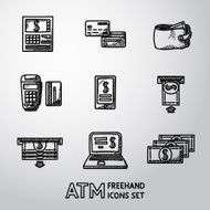 Set of freehand ATM icons with - ATM cards wallet