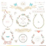 Wedding retro set Hearts birds and ribbons