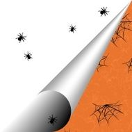 Halloween background with bent page corner cobwebs and spiders