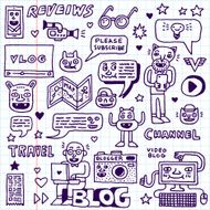 Blogging Activities Funny Doodle Cartoon Set Video Blog N3