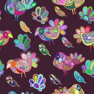 Vector colorful birds seamless pattern with feathers