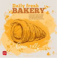 Bakery Watercolor background with vintage hand drawn cream roll pastry