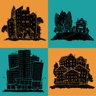 Set handdrawn illustrations of houses silhouettes different urban landscape N5