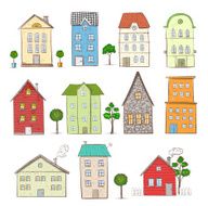 Collection of colored sketch cartoon houses