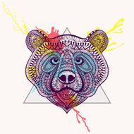 Zentangle stylized violet Bear face in triangle frame with water
