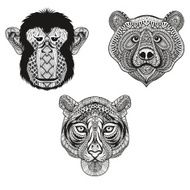 Zentangle stylized Tiger Monkey Bear faces Hand Drawn doodle