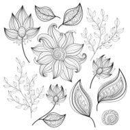 Vector Set of Monochrome Contour Flowers and Leaves N4