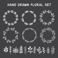 Vintage set of hand drawn rustic wreaths and floral elements