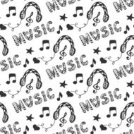 Music seamless pattern with hand drawn headphones and doodle lettering