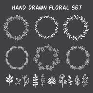 Vintage set of hand drawn rustic wreaths and floral elements N2