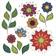 Vector Set of Colored Contour Flowers and Leaves N5